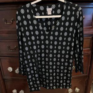 Chico's V-Neck 3/4 Length Sleeve Black & White Top - Size 2/Large